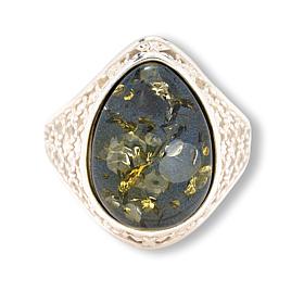 Amber Extraordinaire Sterling Silver Green Amber Pear Basketweave Ring