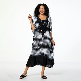 Antthony Printed Tie-Dye Crochet Caftan Dress with Tassels