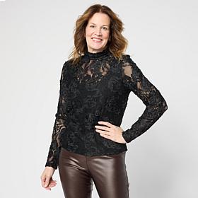 "As Is" C Wonder Chiffon Lace Top with 3D Floral Appliqué