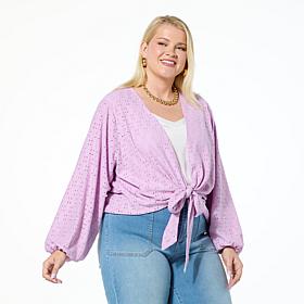 "As Is" Colleen Lopez Crochet Eyelet Knit Tie-Front Topper