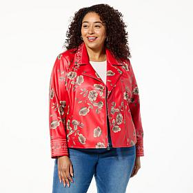 "As Is" Colleen Lopez Embroidered Faux Leather and Print Moto Jacket