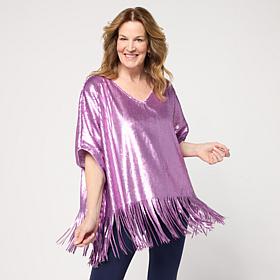 "As Is" Colleen Lopez Knit Sequin V-Neck Top with Fringe