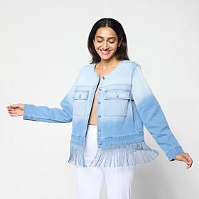 "As Is" Colleen Lopez Ombre Denim Fringe Trim Button-Front Jacket
