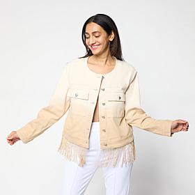 "As Is" Colleen Lopez Ombre Denim Fringe Trim Button-Front Jacket