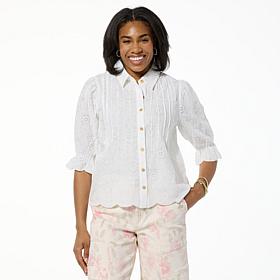 "As Is" Democracy Woven Crochet Trim Button-Down Top