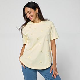 "As Is" DG2 by Diane Gilman Cotton Jersey 3D Floral Embellished Tee