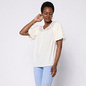 "As Is" DG2 by Diane Gilman Cotton Modal Lace Yoke Bubble Sleeve Top