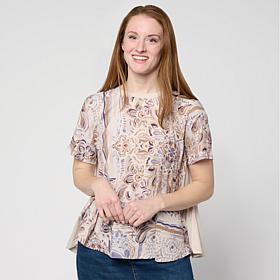 "As Is" DG2 by Diane Gilman Crepe De Chine Flared Sleeve Printed Top