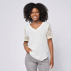 "As Is" DG2 by Diane Gilman Crochet Lace V-Neck Tee