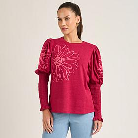 "As Is" DG2 by Diane Gilman Embroidered Juliette-Sleeve Sweater