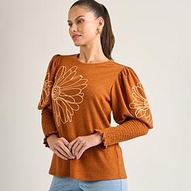 "As Is" DG2 by Diane Gilman Embroidered Juliette-Sleeve Sweater