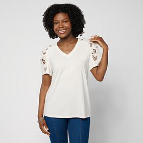 "As Is" DG2 by Diane Gilman Everyday Jersey Eyelet Ruched Sleeve Top