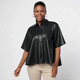 "As Is" DG2 by Diane Gilman Faux Leather Short Sleeve Swing Hem Shirt
