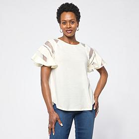 "As Is" DG2 by Diane Gilman Lace Combo Flutter Sleeve Top
