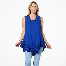 "As Is" DG2 by Diane Gilman Mixed Media Eyelet Knit Ruffled Tank