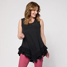 "As Is" DG2 by Diane Gilman Mixed Media Eyelet Knit Ruffled Tank