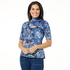 "As Is" DG2 by Diane Gilman Mock-Neck Top with Chest Keyhole