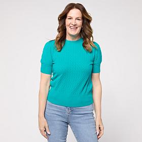 "As Is" DG2 by Diane Gilman Pointelle SoftEase Knit Puff-Sleeve Swe...