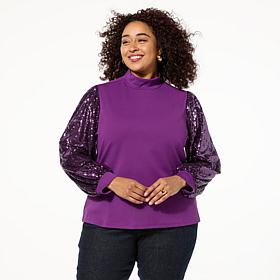 "As Is" DG2 by Diane Gilman Sequin Sleeve Mock-Neck Top
