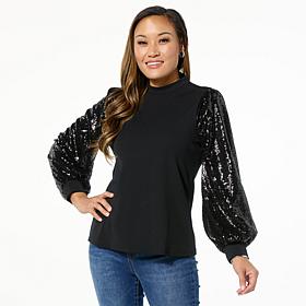 "As Is" DG2 by Diane Gilman Sequin Sleeve Mock-Neck Top