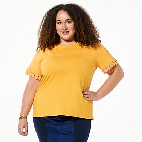 "As Is" DG2 by Diane Gilman Short Sleeve Lace Inset Top