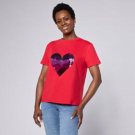 "As Is" Diane Gilman Cotton Jersey Short Sleeve Heart Embellished Top