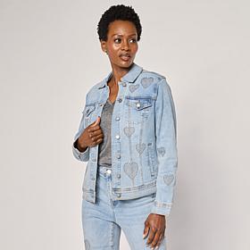 "As Is" Diane Gilman New Classic Stretch Heart Studded Denim Jacket