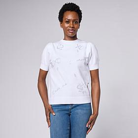 "As Is" Diane Gilman Softease Embellished Puff Sleeve Sweater