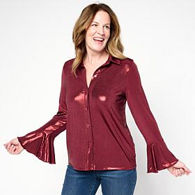 "As Is" G by Giuliana 24K Shine Button Front Top with Flare Sleeves