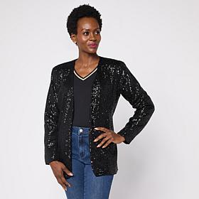 "As Is" G by Giuliana Black Label Collarless Sequin Knit Cardigan