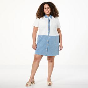 "As Is" G by Giuliana Button-Front Mixed Media Shirtdress