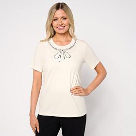 "As Is" G by Giuliana Knit Top with Rhinstone Bow Neckline