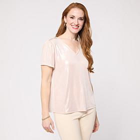 "As Is" G by Giuliana Shirred Sleeve V-Neck Shimmer Top