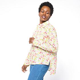 "As Is" HUE Long-Sleeve Ruffle Trim Cotton Voile Top