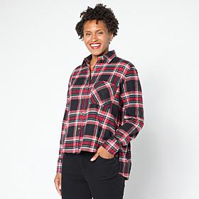 "As Is" HUE Plaid Flannel Button-Down Hi-Low Hem Shirt