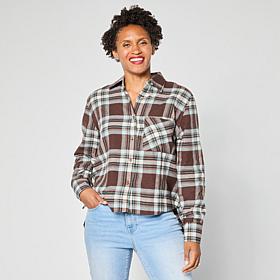 "As Is" HUE Plaid Flannel Button-Down Hi-Low Hem Shirt