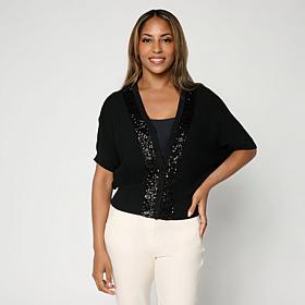 "As Is" Jaclyn Smith Dolman Sleeve Sequin Trim Cocoon Cardigan