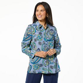 "As Is" Jaclyn Smith Long-Sleeve Roll-Tab Printed Button-Up Shirt