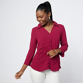 "As Is" Nina Leonard 3/4-Sleeve Textured Wave Ruched Waist Collared...
