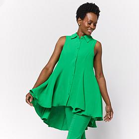 "As Is" Nina Leonard Collared Sleeveless Hi-Low Button-Front Top