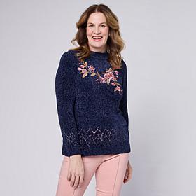 "As Is" Nina Leonard Embroidered Long-Sleeve Chenille Sweater