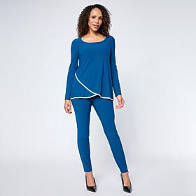 "As Is" Nina Leonard Long Sleeve Tulip Hem Top and Pant 2-piece Set