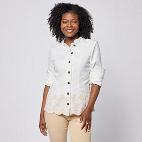 "As Is" Nina Leonard Mandarin Collar Denim Jacket w/Scalloped Embro...