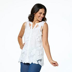"As Is" Nina Leonard Novelty Embroidered Mesh Button-Down Top