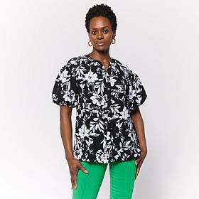 "As Is" Nina Leonard Print Textured Wave Bubble-Sleeve Shirt