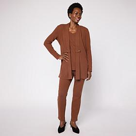 "As Is" Nina Leonard Rib Knit Cardigan, Tank and Pant 3-piece Set