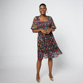 "As Is" Nina Leonard Smocked Bodice Bubble-Sleeve Dress