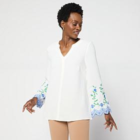 "As Is" Nina Leonard Textured Wave Knit Embroidered Bell-Sleeve Top