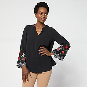 "As Is" Nina Leonard Textured Wave Knit Embroidered Bell-Sleeve Top