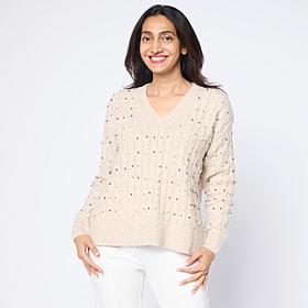 "As Is" Tower Hill by Christie Brinkley Embellished Cable Knit Sweater